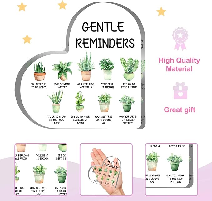 Gentle Reminders Decor, Positive Affirmations Desktop Art Decorations for Home Therapy Office School Counselling Office Mental Health Awareness Gifts, Positive Affirmations Heart Acrylic Decor