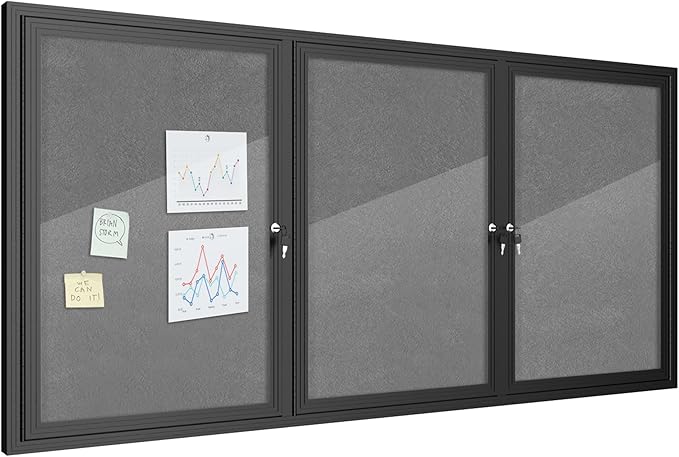 70"x34" Enclosed Bulletin Board, Outdoor Lockable Weather-Resistant Aluminum Cork Noticeboard for School & Office, Black Frame w/Grey Flet