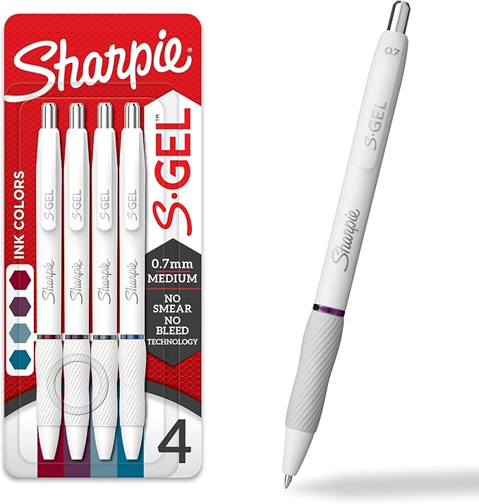 Sharpie S-Gel Pens, Pearl White Body, Medium Point (0.7mm), Gel Ink Pens for Journaling and Coloring, Bold Jewel Color Assortment, 4 Count