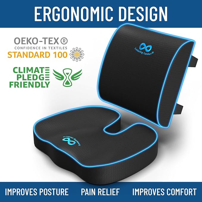 Everlasting Comfort Gel Infused Lumbar Support Pillow & Seat Cushion for Car Combo - Car Seat Cushions for Driving, Work - Ergonomically Designed to Target Sciatica Pain, Back Pain, Tailbone Pain