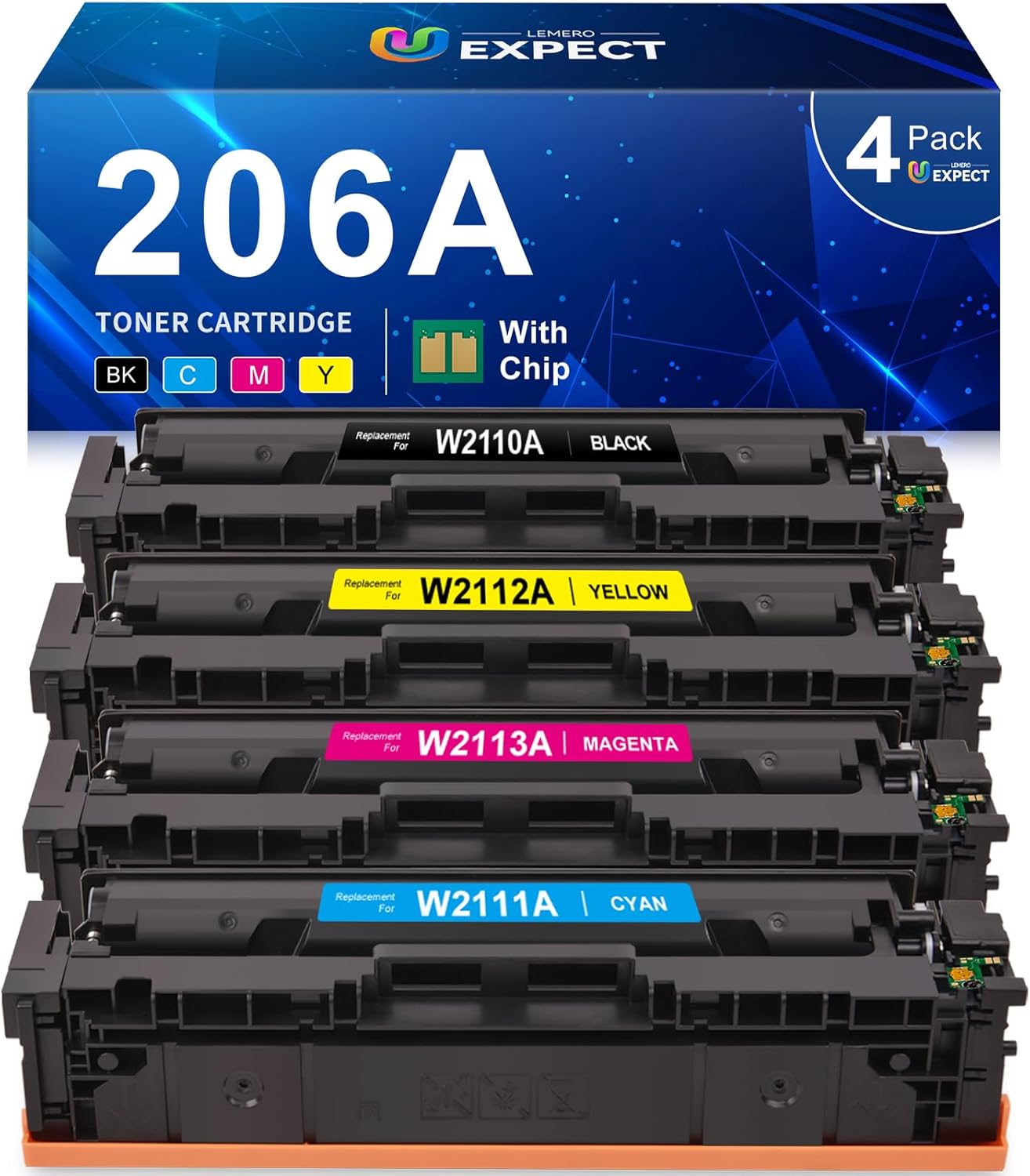 LEMERO UEXPECT 206A Toner Cartridges 4 Pack with Chip Replacement for 206A Toner Cartridges HP Set 206A 206X for HP Color Laserjet Pro MFP M283fdw M255dw M283cdw M255cdw Printer W2110A W2110X