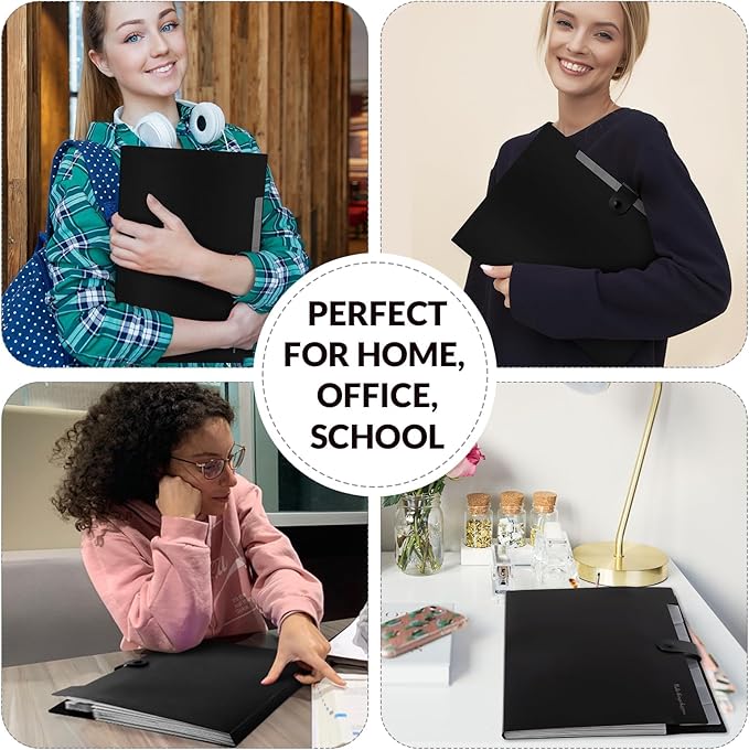 SKYDUE Expanding File Folders with Labels,8 Pockets Accordion File Organizer, Portable Document Paper Organizer, A4 Letter Size Filing Folder for Office, Pack of 4, Black