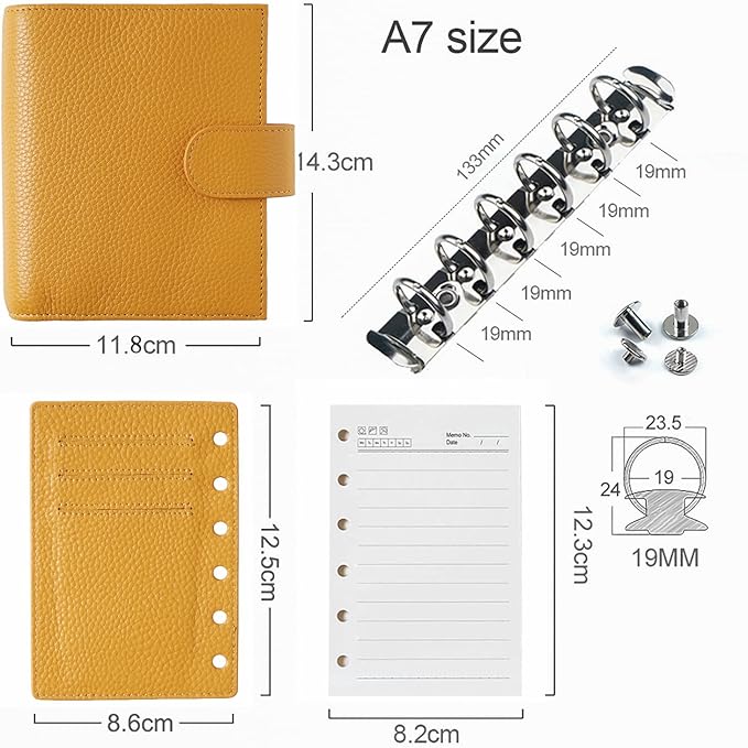 Moterm Pocket Regular Rings Planner - Genuine Leather Binder Organizer (Pebble-Mustard, 19mm Ring)