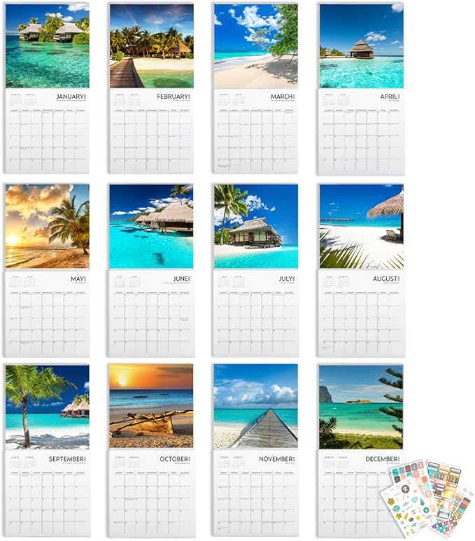 Beaches Calendar 2025 and Sticker Pack, Large 12 x 24 inch, Beaches Wall Calendar with Sticker Set, Beautiful Beaches
