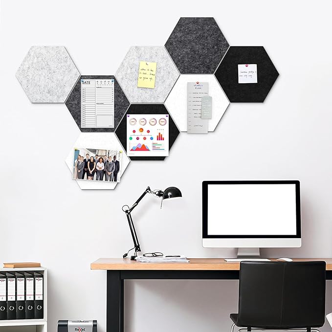 12" Large Bulletin Board with 30 Push Pins, Pack of 8 Hexagon Felt Pin Board Notice Boards for Home Office Kitchen, Felt Wall Tiles for Photos Memos