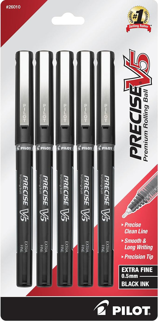 Pilot, Precise V5, Capped Liquid Ink Rolling Ball Pens, Extra Fine Point 0.5 mm, Black, Pack of 5