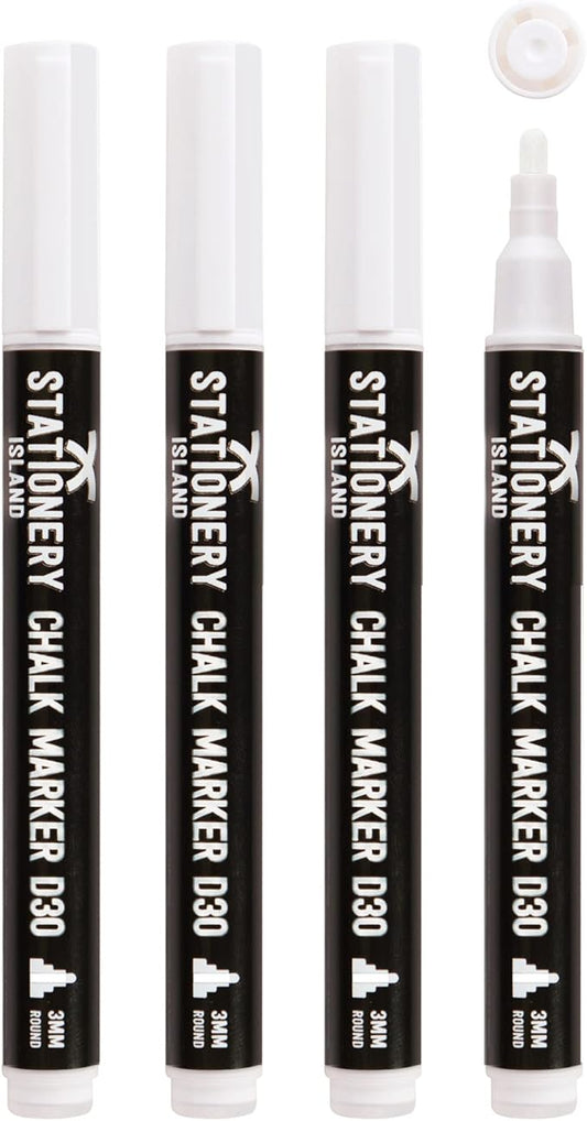 Stationery Island Liquid Chalk Pens White Markers for Blackboards Dry Erase Chalk Marker Pens Wipeable for Chalkboard, Window, Glass, Signs and Mirrors - 3mm Fine Bullet Nibs (White Pack of 4)