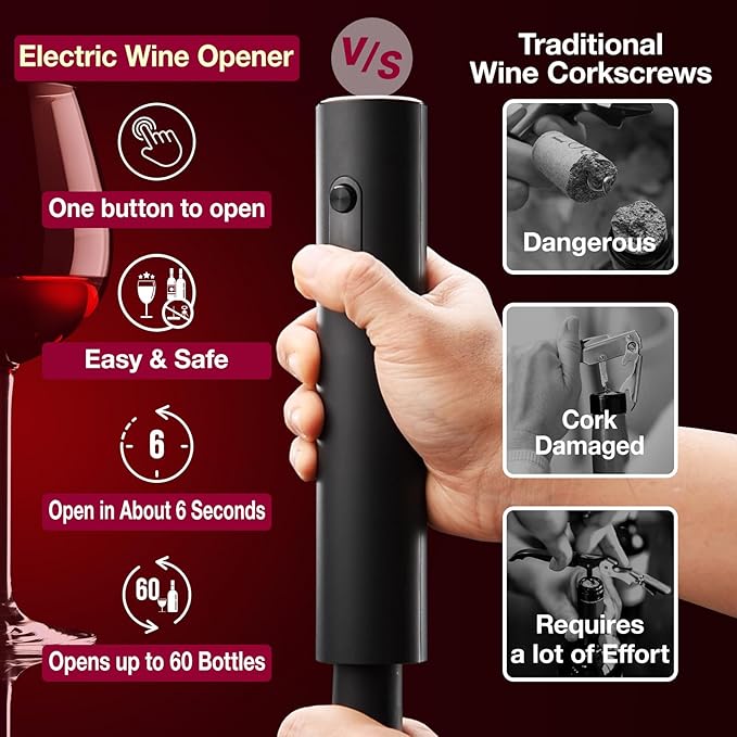 Electric Wine Opener, Battery Operated Corkscrew, Easy One-Button Operation for Effortless Cork Removal, Ideal Wine Accessory for Parties, Best Choice for Wine Lovers (Black KB1)