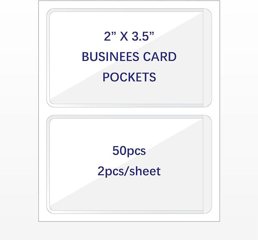 Clear Adhesive Business Card Pocket swith Side Open for Loading, 50 Pack, Plastic Labels Holders for Storage Bins and Library Card, Ideal for Organizing and Protecting Your Business Cards