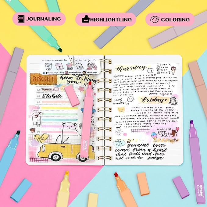 Vitoler 10Pcs Aesthetic Highlighters, Chisel Tip Marker Pens,Assorted Color Candy Highlighters,No Bleed Bible Highlighters,Cute Pastel Highlighters for Journaling Planner Notes School Supplies