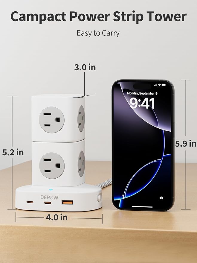Power Strip Tower Surge Protector with 9 Outlets 3 USB (2 USB C), 5Ft Braided Extension Cord with Multiple Outlets, 1700J Surge Protection, Detachable Charging Station for Home Office Dorm