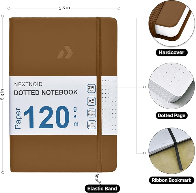 Nextnoid Hardcover Dotted Notebook Journal - 120 GSM Thick Paper, Medium A5(5.7" x 8.3"), 256 Pages - Perfect For Handwriting, Diagrams, Note-Taking and To-Do Lists (Dot, Brown)