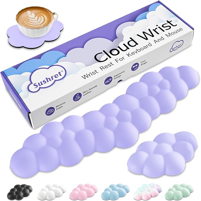 Cloud Wrist Rest Keyboard, Cloud Palm Rest Set with PU Leather Memory Foam, Cute Keyboard Rest for Wrist Support and Arm Rest, Desk Cloud Wrist Pad for PC/Gaming/Hand Cushion/Computer-Purple