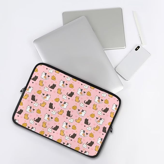 Cat Print Laptop Briefcases for Men Women, Heart Pattern Laptop Sleeve Case Water Resistant Neoprene Computer Carrying Cover 10 Inch Laptop Carrying Bag