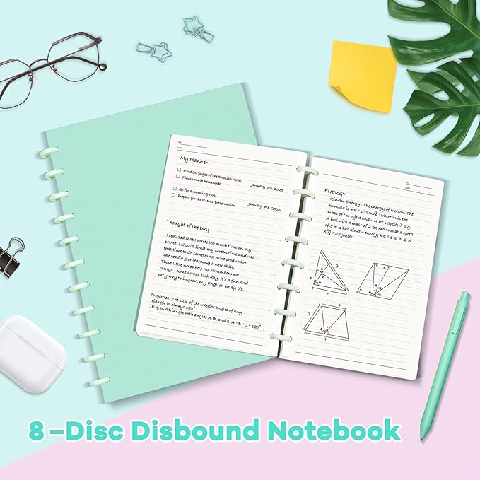 Discbound Notebook, 8-Disc Disbound Planner with Removable Pages, 180 Pages Spiral Notebook, Poly Cover Discbound Planner for Work, Travel, Note Taking(With Index Sticker),Green,A4