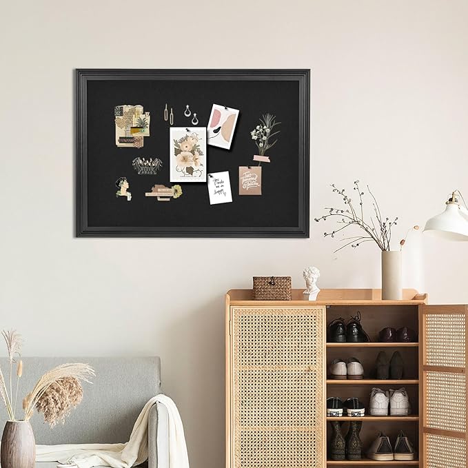 Bulletin Board with Felt, Black Wood Framed Display Bulletin Board for Walls with Pins, Eye Bolts, gaskets, Screws, Pin Board for Office, School and Home(MZB-BK,6090,1P)