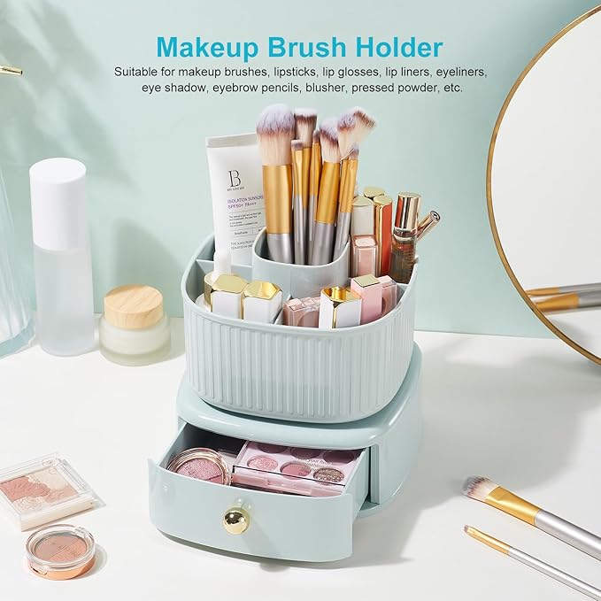 360 Degree Rotation Pencil Holder 5 Slots Pencil Holder with Drawer for Desk Makeup Brush Holder Desktop Organizer Storage Box Light Green