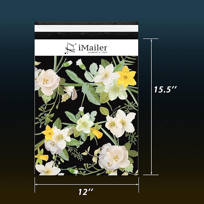 iMailer-12" x 15.5"(100pcs) Poly Mailer Mailing Shipping Black Flower Envelope Package Bags-Self Seal…