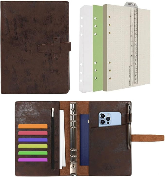 Wonderpool Leather Journal Refillable Binder A5 Writing Notebook Folder Organiser with Dotted Paper & Multi Pockets Cover for Business School Travel (A5, Coffee)
