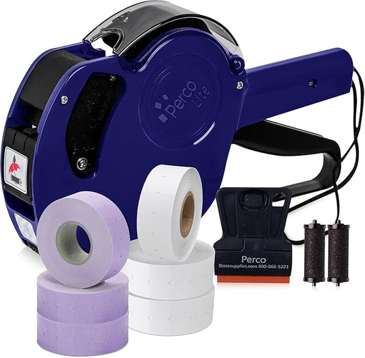 Perco Lite 1 Line Price Gun with Labels Kit - Includes 3 White Rolls, 3 Lavender Rolls, 2 Ink Rollers, 1 Ink roll and Labels Pre-Loaded