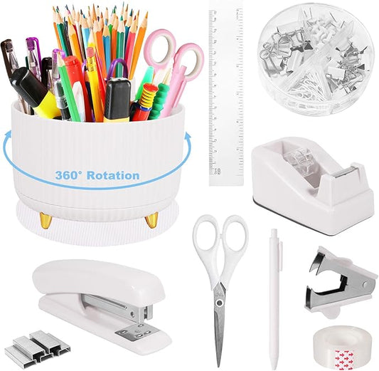 White Desk Organizers and Accessories 10Pcs Set with 360-Degree Rotating Pen Holder, Tape Dispenser, Stapler, Staple Remover, 1000 Staples, Tape, Clips Set, Ruler, Scissor, Pen