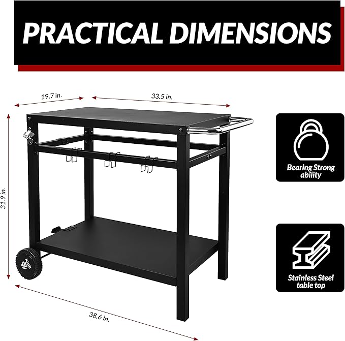 Elevon Dining Cart Table with Double-Shelf, Movable Steel Flattop Worktable, Hooks, Side Handle, Multifunctional