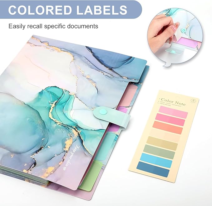 Ddaowanx Expanding File Folder, Letter A4 Size Accordion Plastic File Organizer, 5 Pocket Folders for Documents, Aesthetic Folder with Labels, Paper Organizer for School Office (Blue Marble)