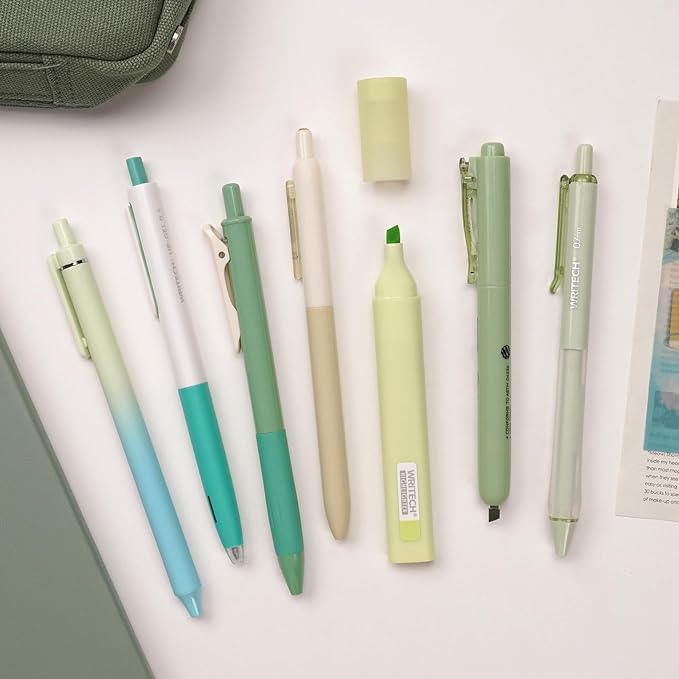WRITECH Gel Pens Journaling Highlighters: Journal Set Aesthetic Assorted Pastel Color Ink 0.5mm Fine Point Retractable 0.7mm Black Pen Smooth Writing Drawing No Bleed 7ct (Green)