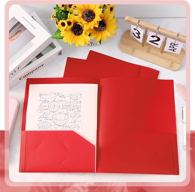 Gueevin 24 Pcs Plastic Folders with Pockets, Two Pocket Folder Fit Letter Size, Heavy Duty School Business Card Holder for Home Office School Bussiness, 11.61 x 9.45 Inches (Red)