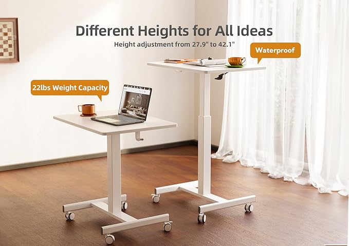 Mobile Standing Desk, Small Rolling Standing Desk, Mobile Desk Workstation with Wheels, Pneumatic Mobile Laptop Desk for Home Office with Hook, White