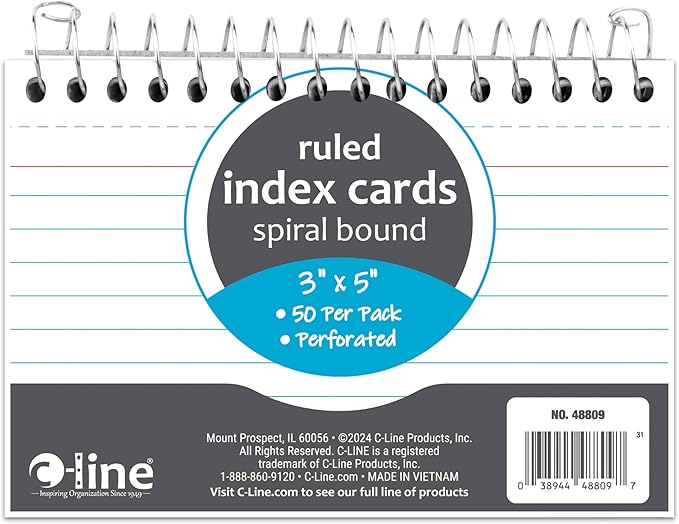 C-Line 3” x 5” Spiral Bound Index Card Notebook, Ruled, 50/PK (48809)