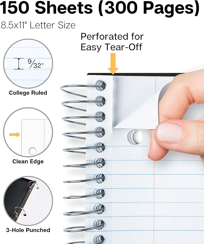 Dunwell 3-Subject Notebook College Ruled (Black), Spiral Notebook 8.5 x 11, Plastic Cover, 3 Pocket Dividers, 150 Sheets (300 Pages), 3-Hole Punched Perforated 8 1/2 x 11 Paper