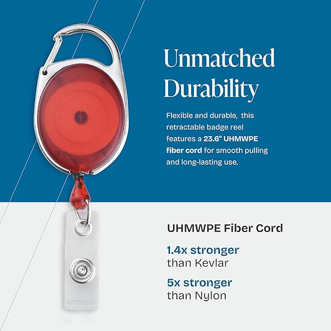 Will Well ID Badge Holders with Clip and Keyring - Vertical Clear Plastic 3.7" x 2.5" Sleeves Fit Up to 3 Cards - Retractable 24" UHMWPE Fiber Pull Cords - 2-Pack, Transparent Red Reels