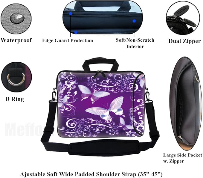Meffort Inc 17 Inch Neoprene Laptop Bag with Extra Side Pocket, Soft Carrying Handle & Removable Shoulder Strap Fit 16" to 17.3" Size - Purple Butterflies