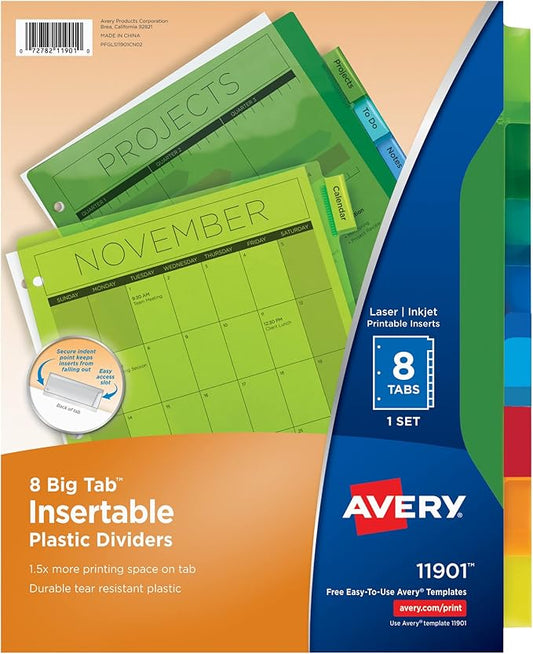 Avery Dividers for 3 Ring Binders, 8-Tab Binder Dividers, Plastic Binder Dividers, Insertable Big Tabs, Multicolor, 24 Sets (11901)