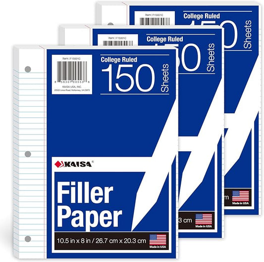 Kaisa3 Pack Notebook Paper College Ruled 3-Hole Punched Loose Leaf Paper 8x10.5 Lined Paper College Ruled Filler Paper for 3-Ring Binder Paper 150 Sheets/Pack (3 Pack-college) F15001C-3pk