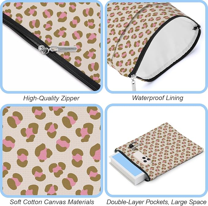 2 Pack Rainbow Leopard Print Book Sleeve, Books Protector，Books Pouch， Book Lovers Gifts，Bookish Gifts Waterproof Cover with Zipper，Leopard Decor Gift Bag for Women Girls Manager Christmas