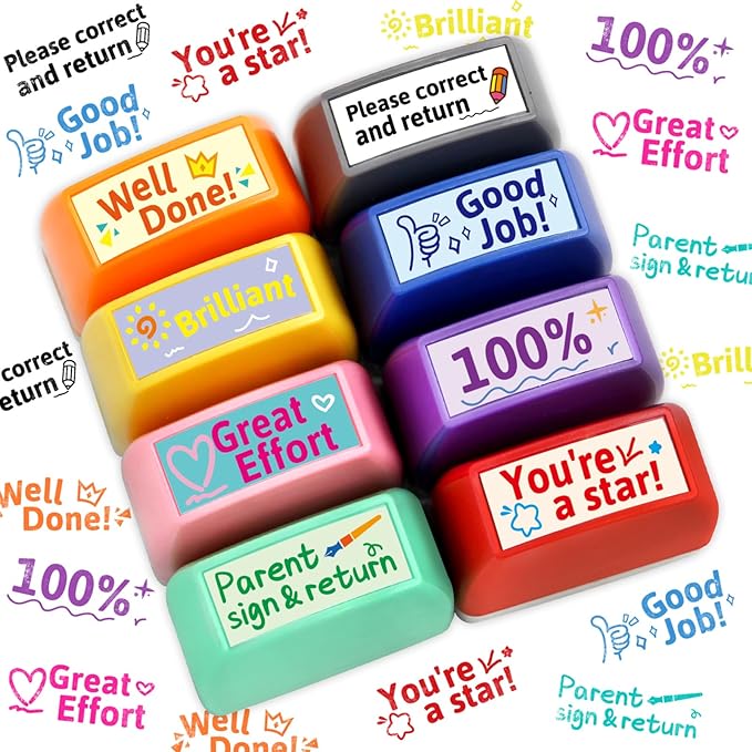Teacher Stamps for Grading Motivational Teacher Self-Inking Stamp Set Encouraging Signature Stamp for Classroom Supplies 8 Packs Multicolor