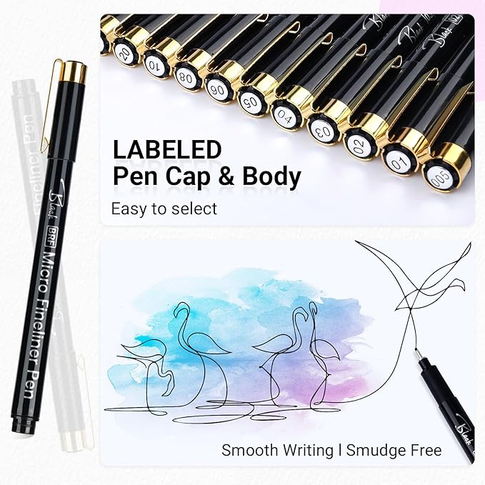 KERIFI Micro Fineliner Drawing Pens for Artists, 16 Black Fine Liner Markers, Waterproof Archival Ink Multiliner Pens, Technical Mandala Zentangle Book Accessories, Art Supplies Stuff Gifts for Adults