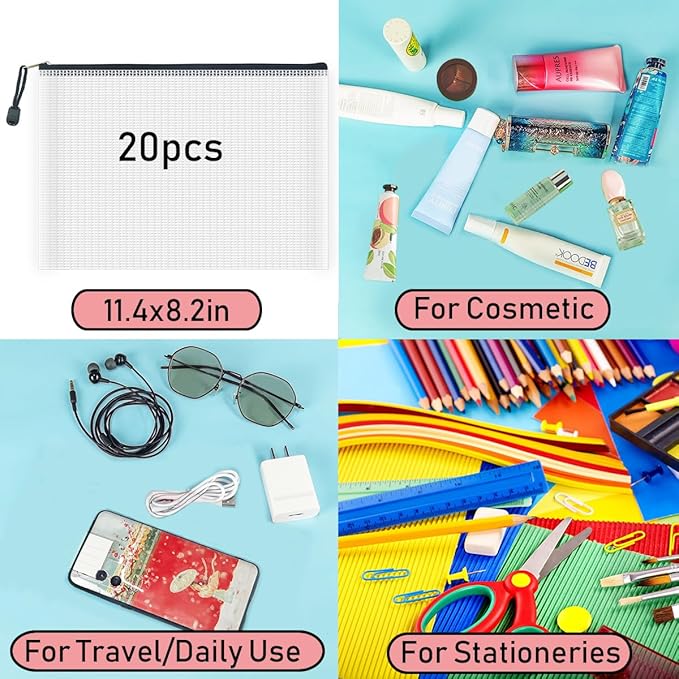AUSTARK 20 Pcs Zipper File Bags, Plastic Mesh Pouch, Board Game Storage Bag, Waterproof Bags for Office School (B5 Size 11.4''x8.2'', White and Black)