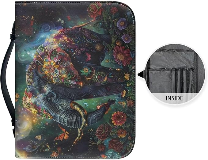 Lotusorchid Floral Mandala Elephant Printed Bible Covers Christ Church Bag for Women Leather Bible Case with Handle Pen Storage Zippered Pocket Waterproof Bible Carrier Bible Protective Cover