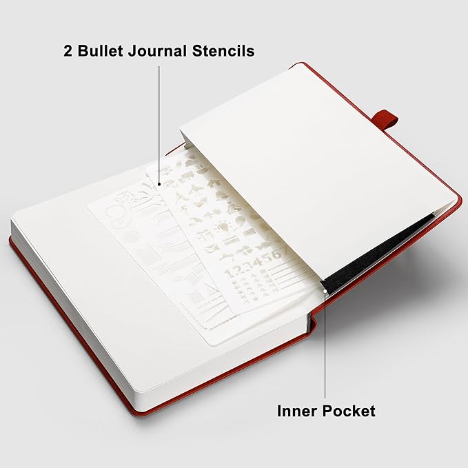 RETTACY Bullet Dotted Journal, A5 Dotted Notebook Journal with 192 Pages, 5.7'' × 8.3'', Medium Size, 100 GSM Thick Paper, Leather Hardcover, Bullet Journaling, Planning (Red)