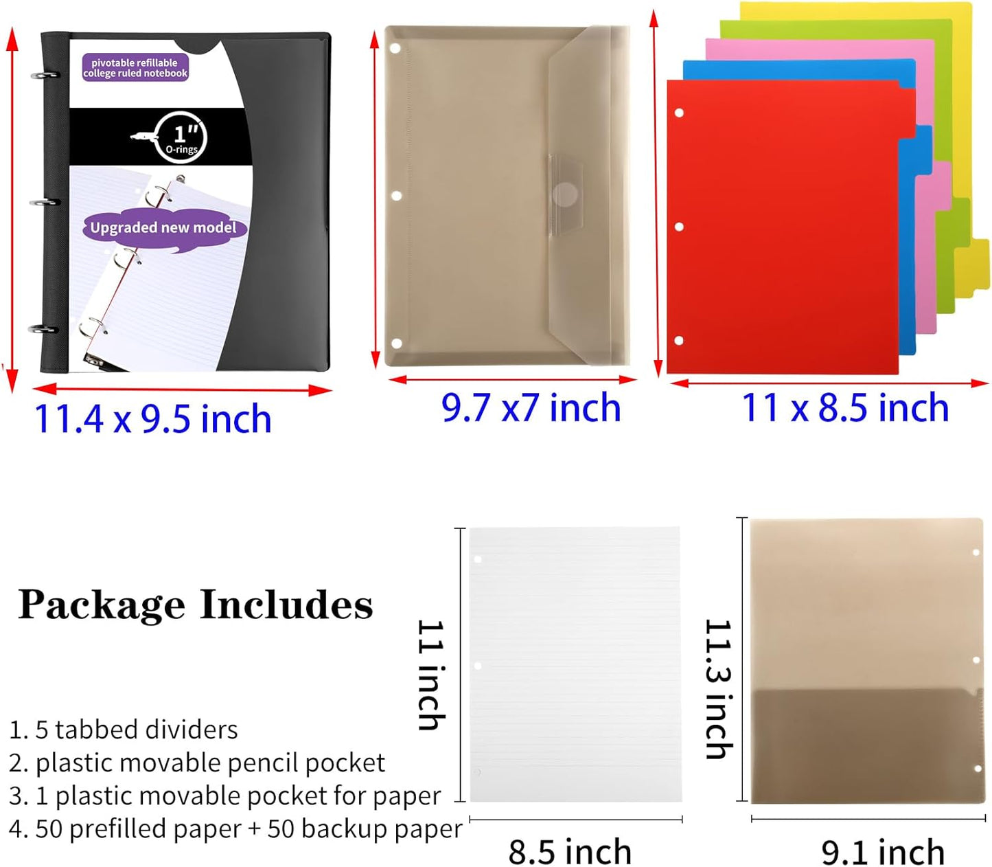 2 Pcs Pivotable Refillable Notebook, Upgraded 1 Inch 3 Ring Notebook Binder, 100 College Ruled Paper, 5 Subject Notebook with Dividers and Folder Pockets, Tabs- Black