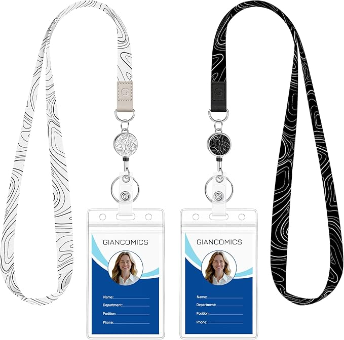 Giancomics Lanyards for Id Badges, Topographic ID Badge Holder with Retractable Reel, Cute Waterproof Lanyards for Cruise Ships Cards Key Work Name Tag Zip Type Card Holder Protector 2 Pack