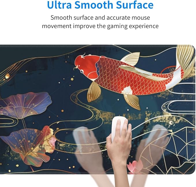 Gaming Mouse Pad Desk Pad,Extended Big Mouse Pad,31.5x11.8 Inch Long Computer Keyboard Mouse Mat Mousepad with 3mm Non-Slip Base and Stitched Edge for Gaming and Office… (koi)