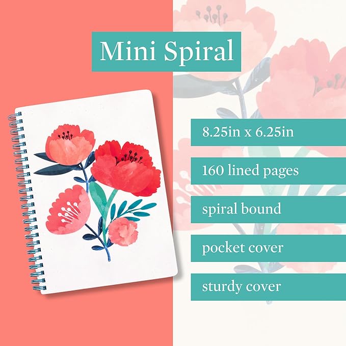Steel Mill & Co Cute Mini Spiral Notebook, 8.25" x 6.25" Journal with Durable Hardcover and 160 Lined Pages (Poppy Boquet)