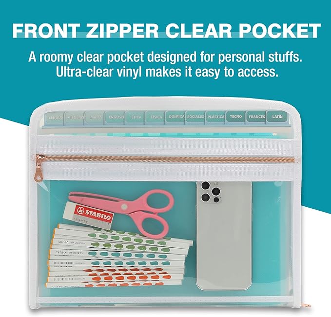 H4D 13 Pocket Expanding File Folder Organizer with Front Clear Pounch, Accordion File Organizer with Zipper Clourse, Fit for Letter Size Papers, Teal