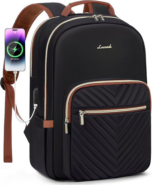 LOVEVOOK Laptop Backpack for Women 17.3 inch,Cute Womens Travel Backpack Purse,Professional Laptop Computer Bag,Waterproof Work Business College Teacher Bag Carry on Backpack with USB Port,Black Brown
