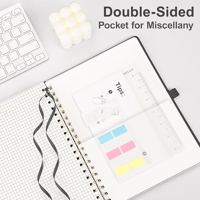 AHGXG Graph Paper Notebook - Spiral Notebook Hardcover Leather Journal 140 Pages, B5 Large Grid Notebook 7.6" x 10", 100 gsm Thick Paper, for School Writing Graphing Engineering Math, Black