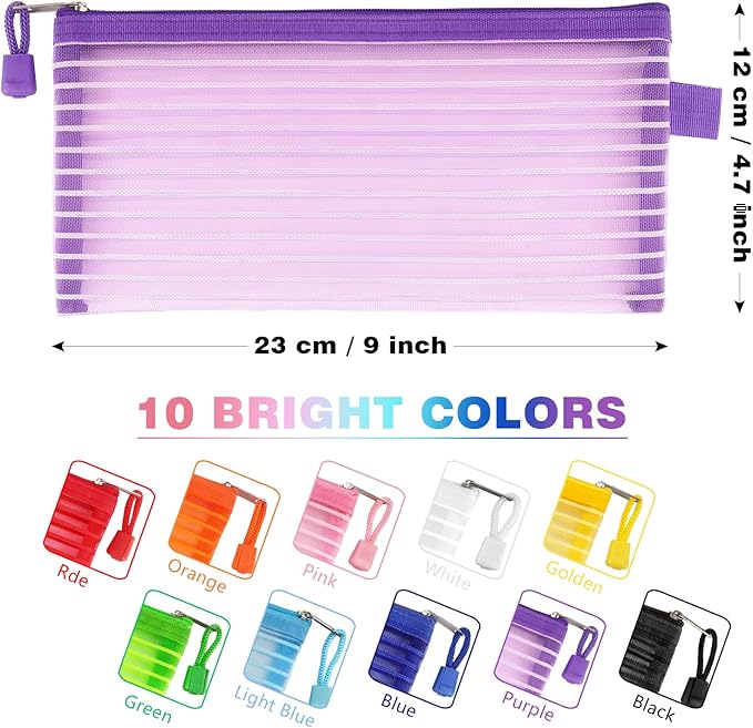 Tamaki 10 Pack Zipper Mesh Pouch Pencil Pouch Multicolor Pen Bag Multipurpose for Office Supplies Travel Storage Bags, 10 Colors